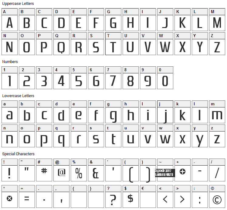 Zrnic Font Character Map